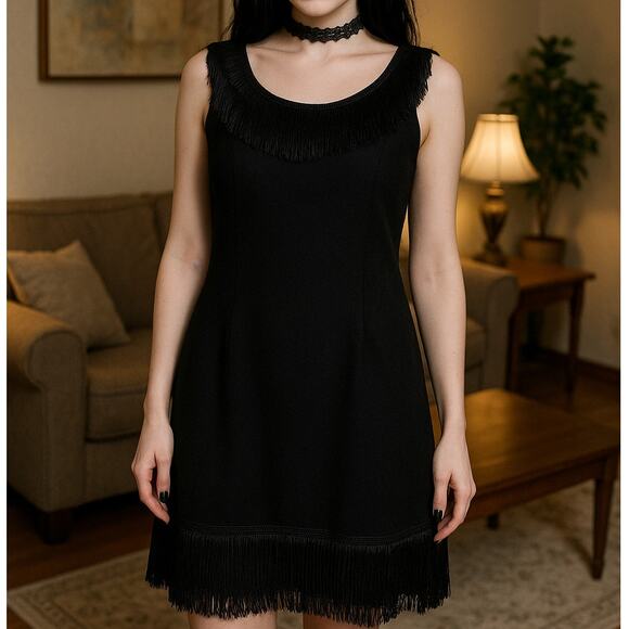 1960s Black Fringe Flapper Dress Wool Feel 1920s Style Goth Glam - Picture 1 of 8
